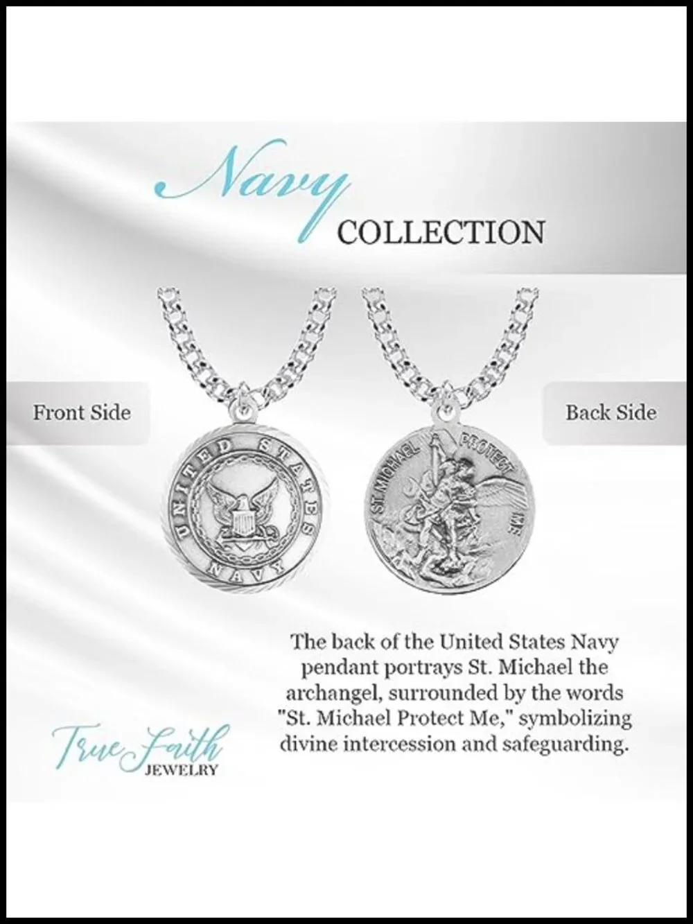 US Navy St Michael Medal Pendant Necklace Nickel Silver Antique Finish Religious